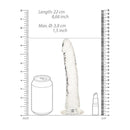 Realrock Crystal Clear Slim 8 Inch Dildo Transparent with measurements and size comparison.