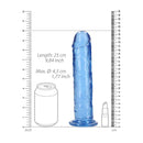 Realrock Crystal Clear Suction Cup Dildo 9 inch Blue measurements with a can for size reference.