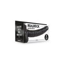 Realrock Hollow Strap-On With Balls 9 Inch Black packaging with lifelike design and features.