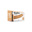 Realrock Hollow Strap-on Without Balls 8 inch Tan packaging displaying the lifelike wearable sleeve for enhanced confidence.