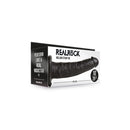 Realrock 10 Inch Hollow Strap-On Without Balls Black packaging showcasing realistic design and size details.