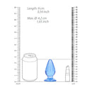 Realrock Crystal Clear Anal Plug 3.5 Inch Blue dimensions alongside a can for size reference.