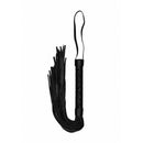 Ouch Luxury Faux Leather Flogger Whip Black displayed with sleek faux leather falls for impact play.