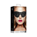 Ouch Luxury Faux Leather Eye Mask Black packaging featuring a sleek, patterned eye mask for sensory play.