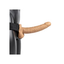 Realrock Hollow Strap-on With Balls 9 inch Tan shown on a harness for adjustable wear and extended length.