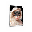 Ouch Princess Lace Eye Mask Black packaging featuring a model wearing a black lace mask for elegant occasions.