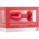 Ouch Regular Diamond Butt Plug Red in packaging, featuring a smooth silicone body and jeweled base for anal play.