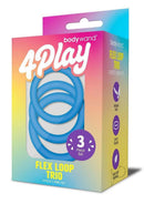 Bodywand 4Play Flex Trio Silicone Cockring Set Blue packaging with three soft silicone rings.