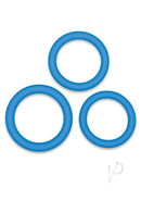 Bodywand 4Play Flex Trio Silicone Cockring Set Blue featuring three soft, stretchy C-rings in various sizes.