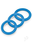 Bodywand 4Play Flex Trio Silicone Cockring Set Blue - three soft blue silicone cockrings arranged together.