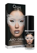 Orgie Juicy Oral Refreshing Mouth Spray 0.5 Oz Mint packaging with a model showcasing its refreshing flavor.