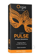 Orgie Liquid Pulse Arousal Intimate Gel 0.5 Oz Ice Caramel packaging with vibrant mask design and sensory sensations text.