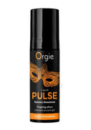 Orgie Liquid Pulse Arousal Intimate Gel 0.5 Oz Ice Caramel packaging with black and orange design.