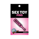 Wood Rocket Sex Toy Pin Bitch Paddle Hot Pink displayed on packaging with bold text and playful design.