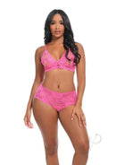 Oh La La Cheri Goodnight Kiss Lingerie Set Small Medium Pink displayed on a model wearing a vibrant pink lace bra and matching panties.