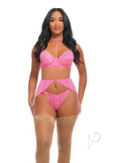 Oh La La Cheri Luly 3 Piece Lingerie Set Large Pink featuring a model in elegant pink lace lingerie.