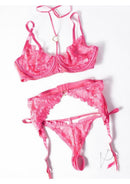 Oh La La Cheri Luly 3 Piece Lingerie Set XLarge Pink featuring a lace bralette and matching panties on a white background.