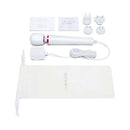 Le Wand Powerful Petite Plug-In Massager White with accessories and storage pouch laid out on a white surface.