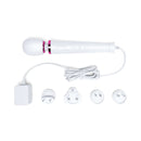 Le Wand Powerful Petite Plug-In Massager White with charging cable and interchangeable plugs.