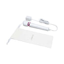 Le Wand Powerful Petite Plug-In Massager White displayed with charging cord and storage pouch.