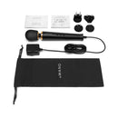 Le Wand Powerful Petite Plug-In Massager Black with accessories and storage pouch for convenient use.
