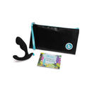 b-Vibe Rocker Rocking Weighted Prostate Plug Black displayed with storage pouch and guide to anal play