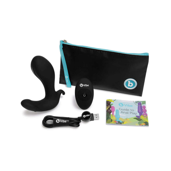 b-Vibe Expand Expanding and Vibrating Remote Control Plug Black with accessories and guide for anal play.