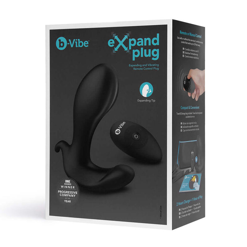 b-Vibe Expand Expanding and Vibrating Remote Control Plug Black packaging with features and remote control.