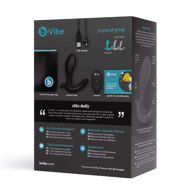 b-Vibe Expand Expanding and Vibrating Remote Control Plug Black packaging with promotional details and usage instructions.