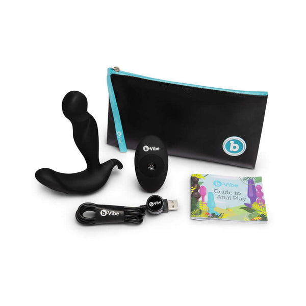 b-Vibe 360 Rotating and Vibrating Remote Control Plug Black with accessories and storage pouch.