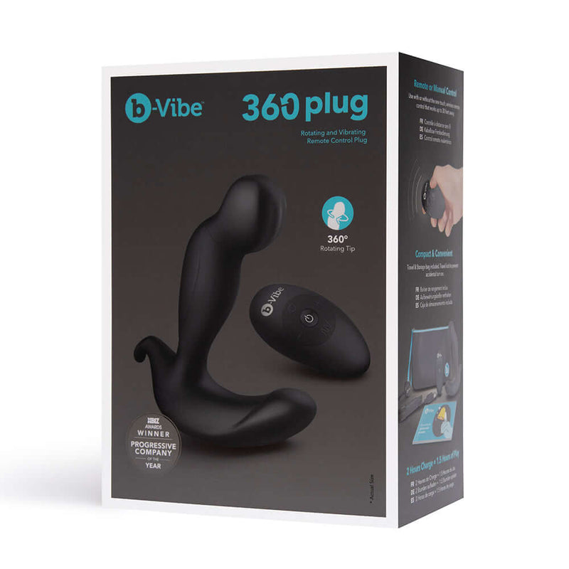 b-Vibe 360 Rotating and Vibrating Remote Control Plug Black packaging featuring product details and remote control.