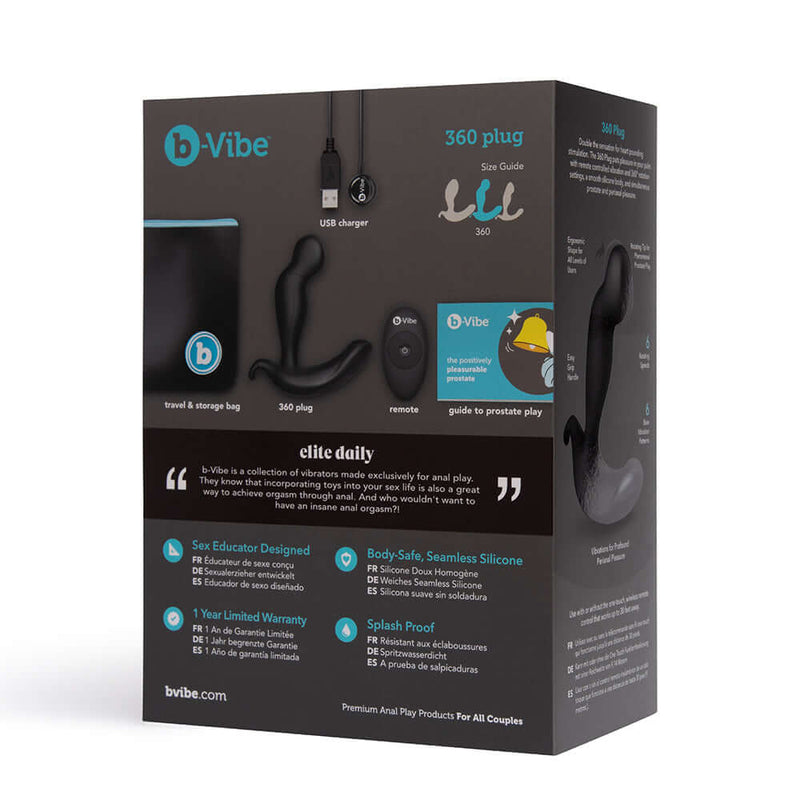b-Vibe 360 Rotating and Vibrating Remote Control Plug Black packaging with features and size guide.