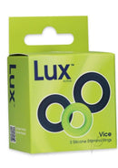 LUX Active Vice Silicone Stamina Rings 3 Pack Navy Green packaging with three graduated silicone rings.