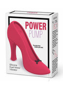 Power Pump Dual Motor Rechargeable Silicone Vibrator Red in chic high heel shoe design packaging.