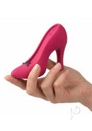Power Pump Dual Motor Rechargeable Silicone Vibrator Red in hand, designed like a chic high heel shoe.