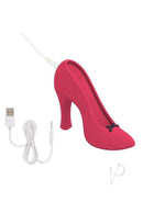 Power Pump Dual Motor Rechargeable Silicone Vibrator Red in chic high heel shoe design with charging cable.