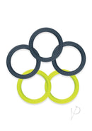 LUX Active Core Silicone Stamina Rings 5 Pack Navy Green in navy and green colors, arranged in a creative pattern.