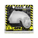 Oxballs Airlock Electro Air-lite Vented Chastity Clear Ice product packaging with electrifying design.