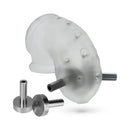 Oxballs Airlock Electro Air-lite Vented Chastity Clear Ice with metal accessories for electro play.