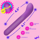 Bang G-Spot Flexible Rechargeable Silicone Vibrator Purple dimensions and features, including splashproof and USB rechargeable.