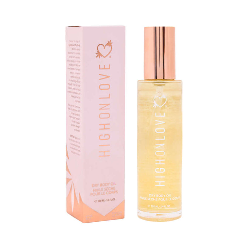 HighOnLove Dry Body Oil Spray bottle with elegant packaging for skin and hair nourishment.