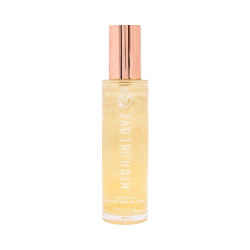 HighOnLove Dry Body Oil Spray in a sleek bottle with a rose gold cap, designed for luxurious skin and hair nourishment.