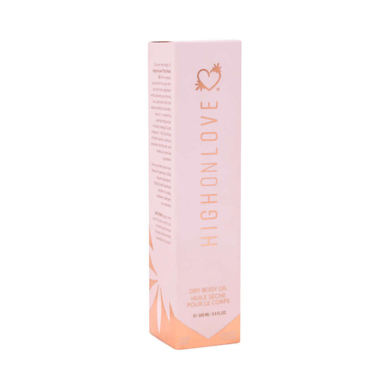 HighOnLove Dry Body Oil Spray packaging in a stylish pink box with elegant design and product information.