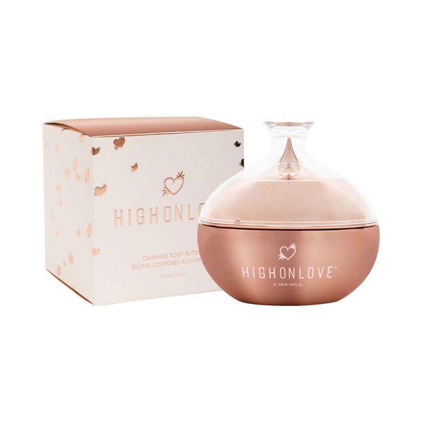 HighOnLove Canna Body Butter jar with elegant packaging, showcasing luxurious skincare product.