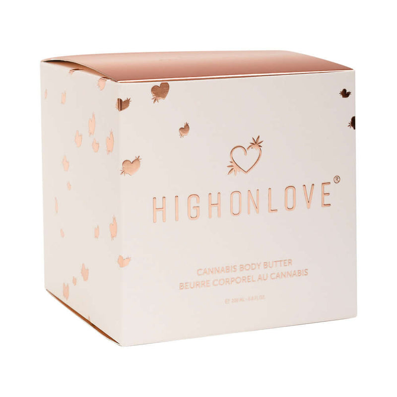 HighOnLove Canna Body Butter packaging box featuring elegant design and brand logo, perfect for skincare enthusiasts.