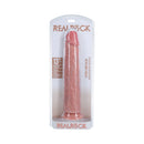 RealRock Extra Long 13 Inch Dildo Beige displayed in packaging, highlighting realistic design and lifelike details.