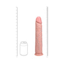 RealRock Extra Long 13 Inch Dildo Beige alongside a soda can for size comparison, showcasing its lifelike design and features.