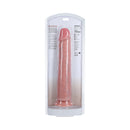 RealRock Extra Long 13 Inch Dildo Beige in clear packaging, showcasing its realistic design and size attributes.