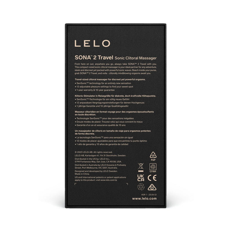 LELO SONA 2 Travel Purple Sonic Clitoral Massager packaging with product details and instructions.