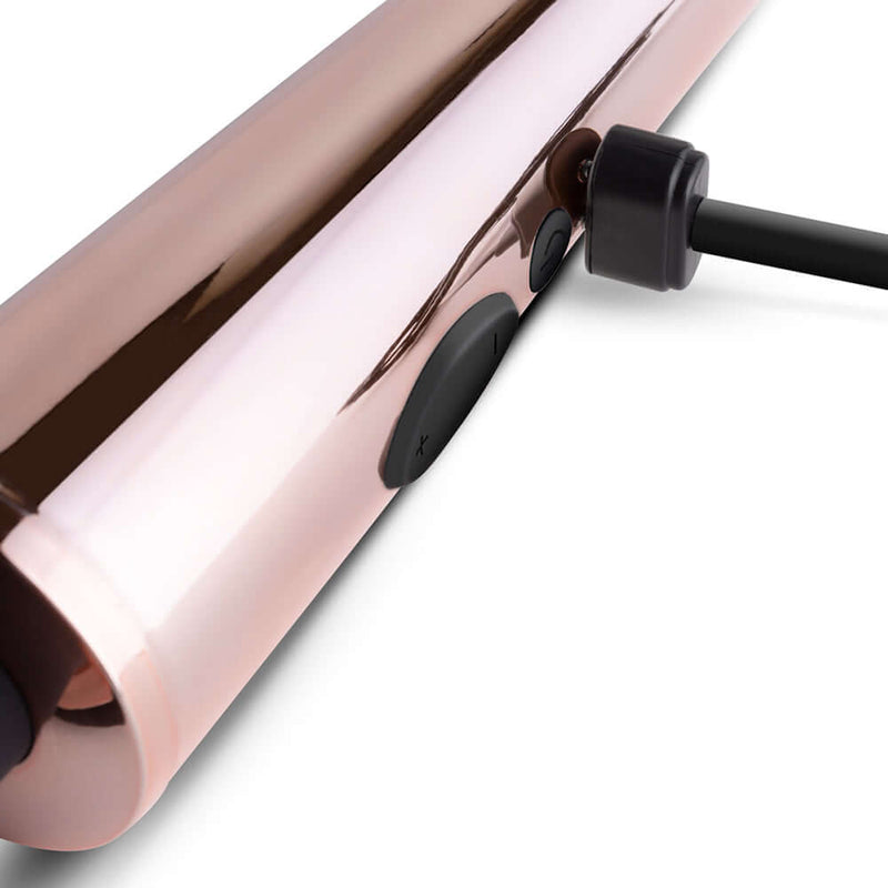 Close-up of the Rosy Gold Nouveau Wand Massager, showcasing its elegant design and control buttons.